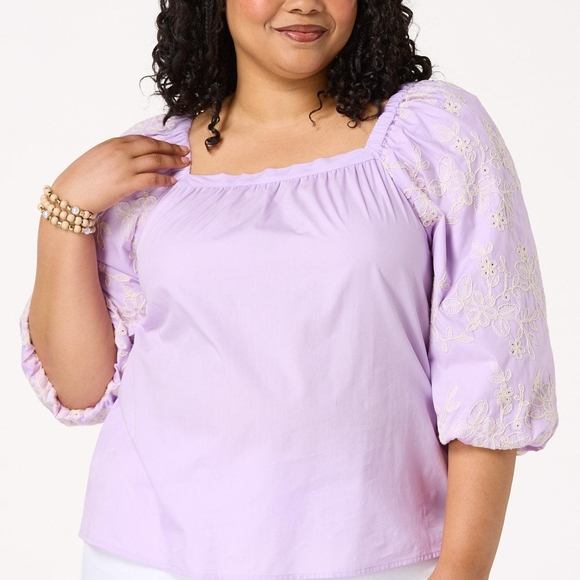 Eyelet Balloon Sleeve Top Shirt Blouse Lavender - Picture 3 of 9